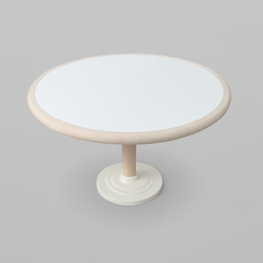 Carnett spisebord i hvid med massiv trækant, diameter 100 cm, set ovenfra – elegant og robust bordplade.